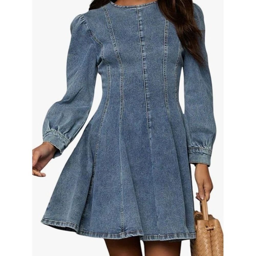 Loveimgs Dress Womens Med Blue Denim A Line Western Flare Long Sleeve‎ Mini NEW